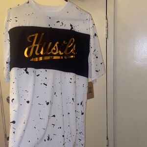 White and Black Splatter T-Shirt with Gold 'Hustle' Print